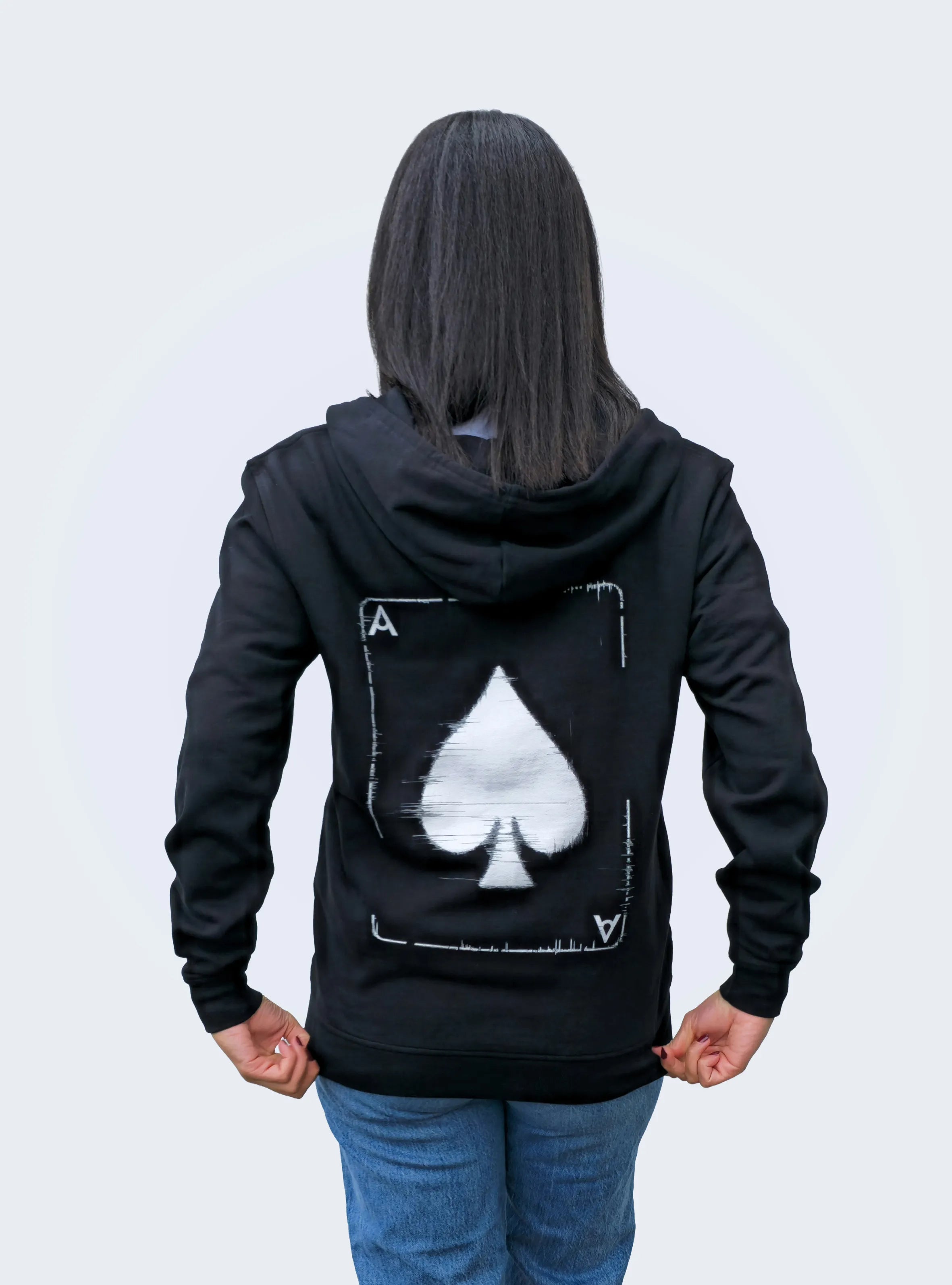 ACE OF SPADES WHITE GLITCH – BACK PRINT – BLACK REGULAR ZIPPED HOODIE