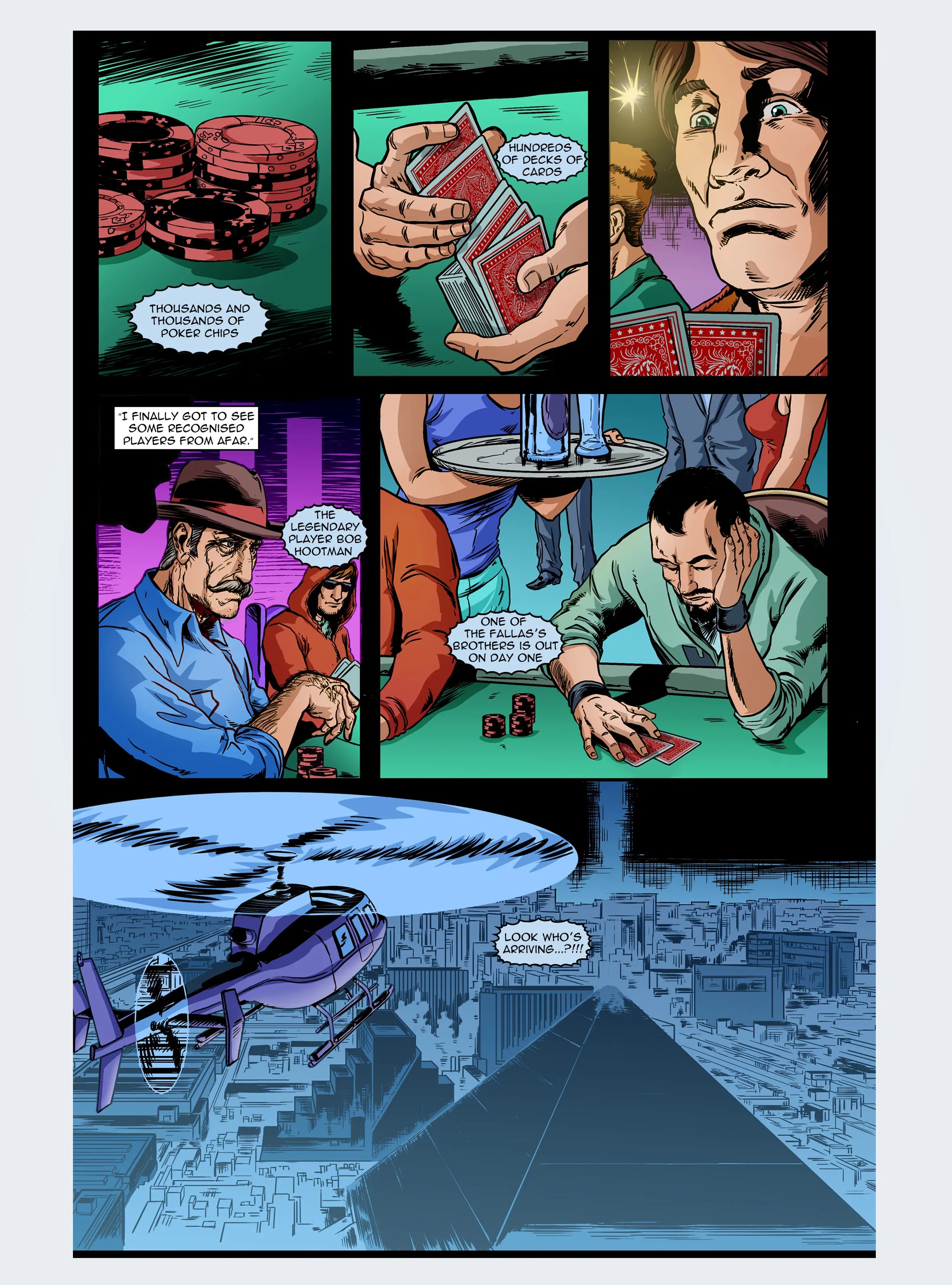 Comic book panel of a poker game with multiple players and spectators.