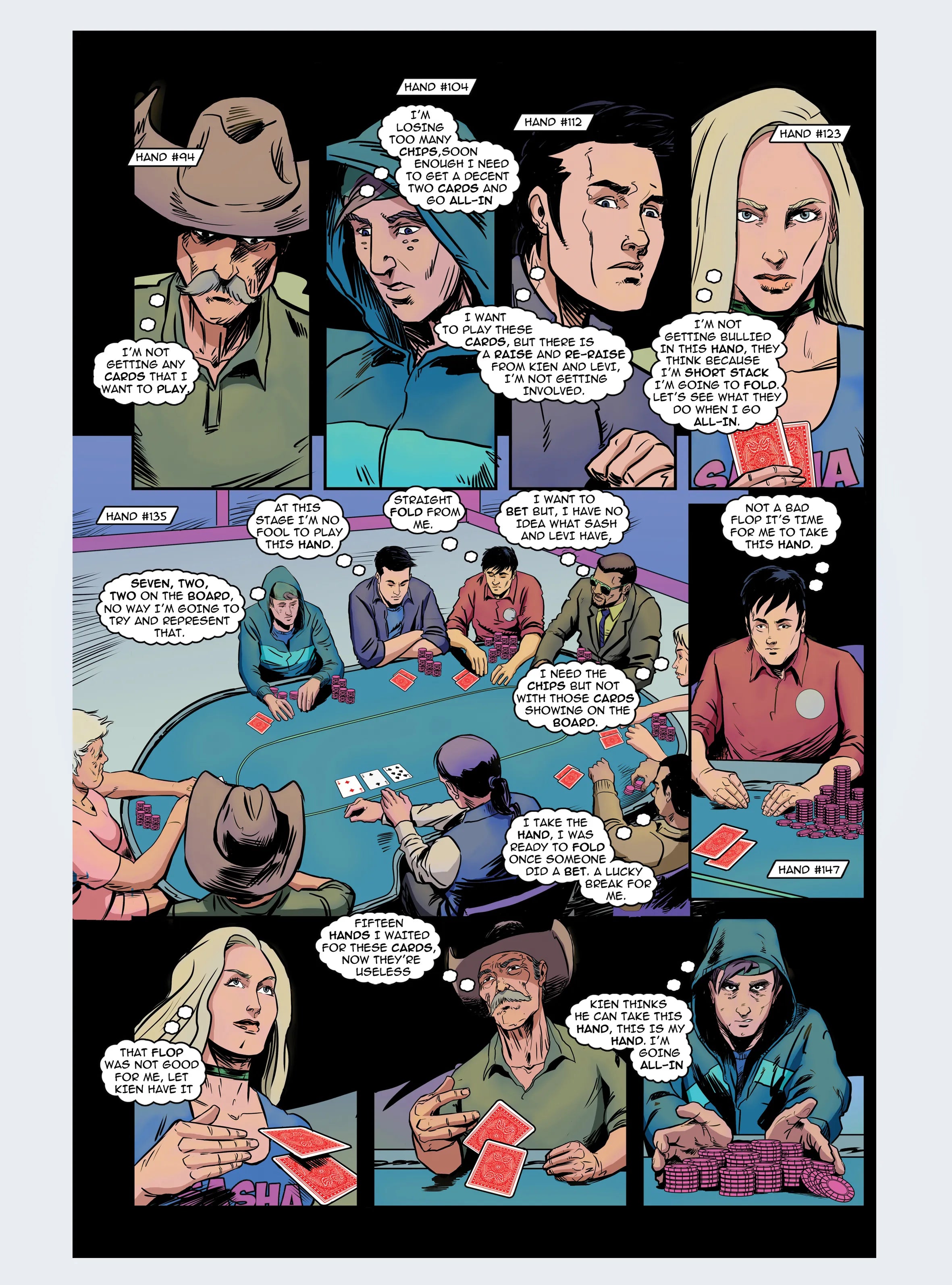 Comic book panel of a poker game with multiple players and spectators.