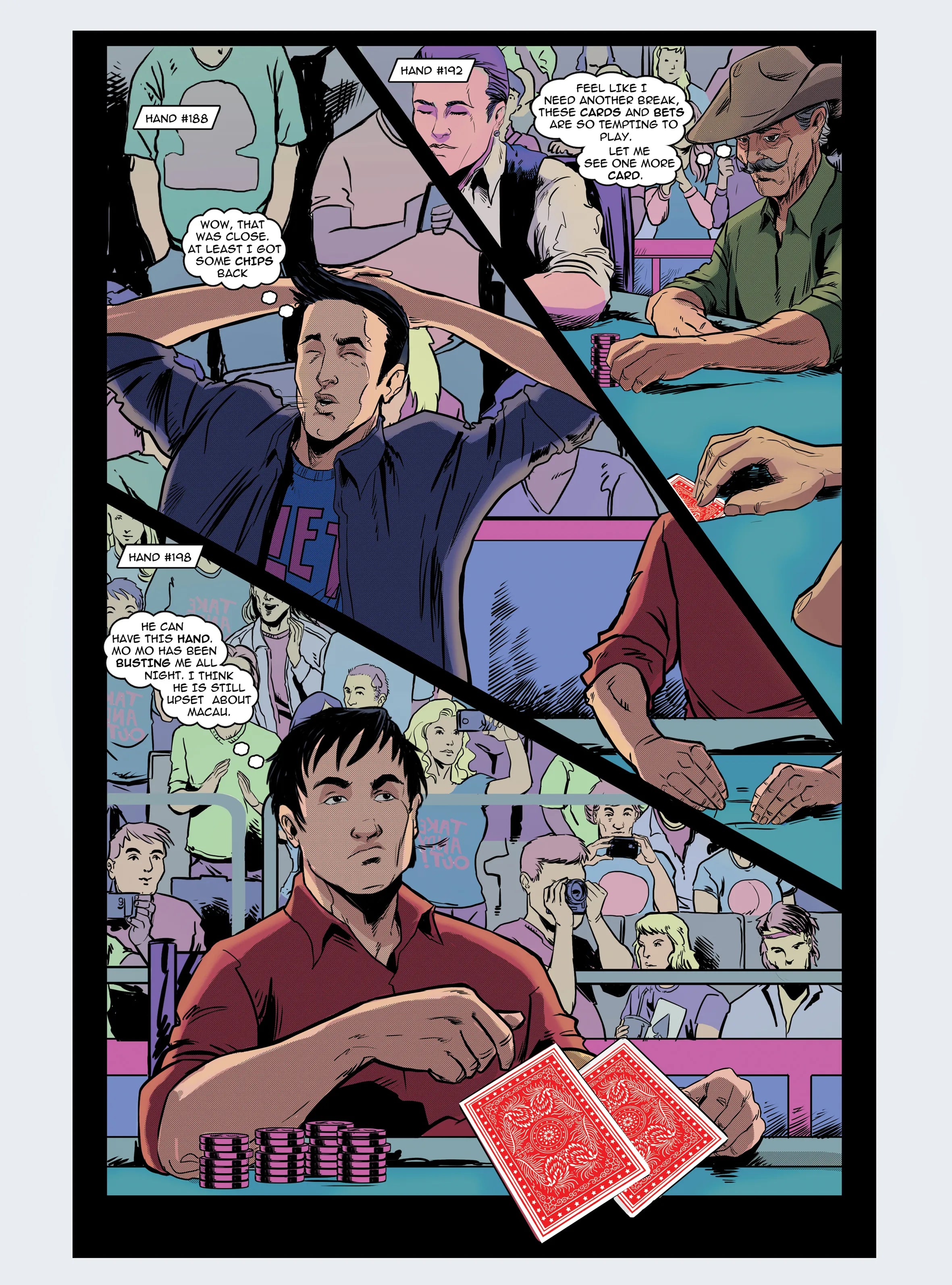 Comic book panel of a poker game with multiple players and spectators.