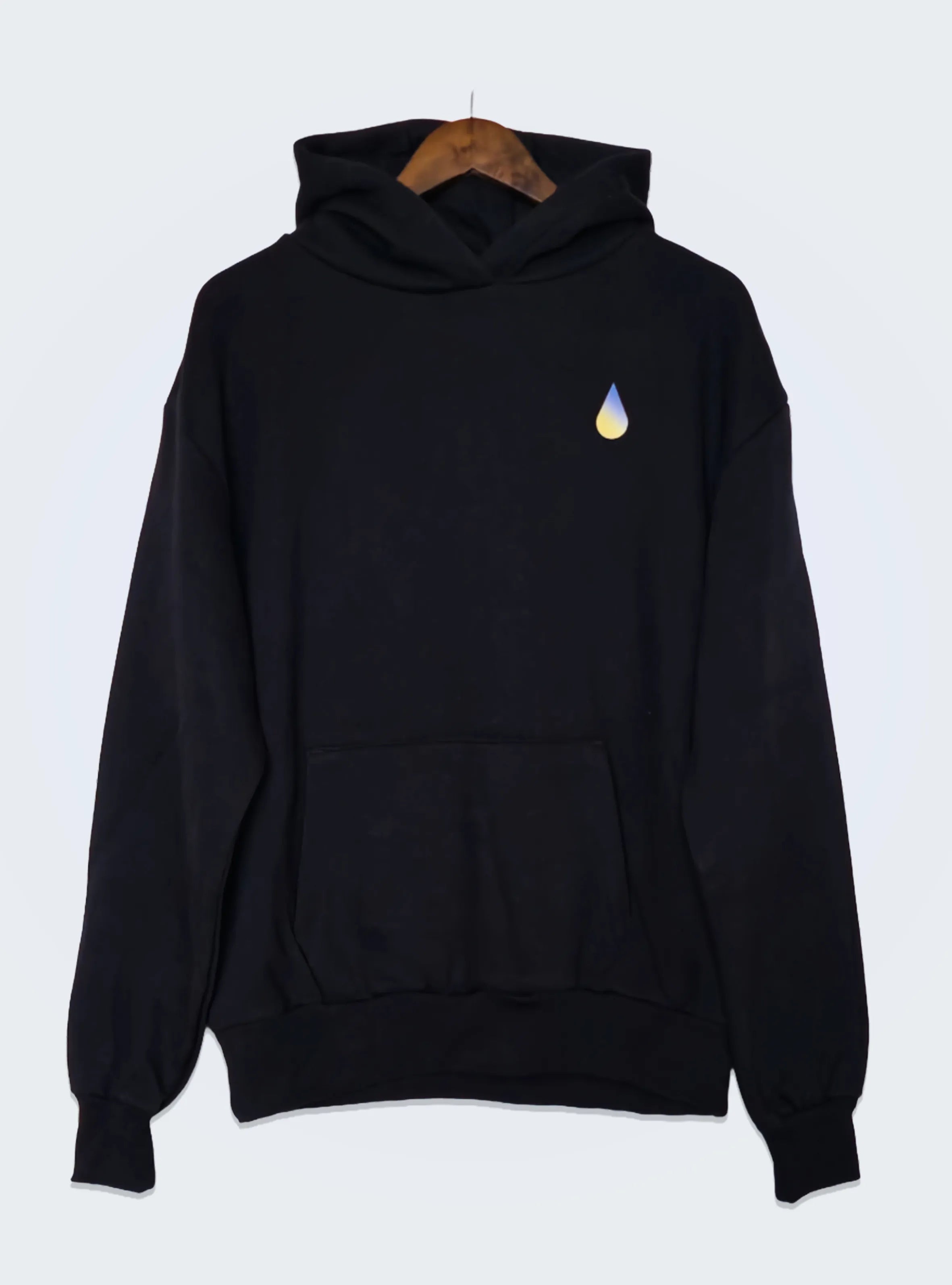 Black hoodie with a small raindrop logo