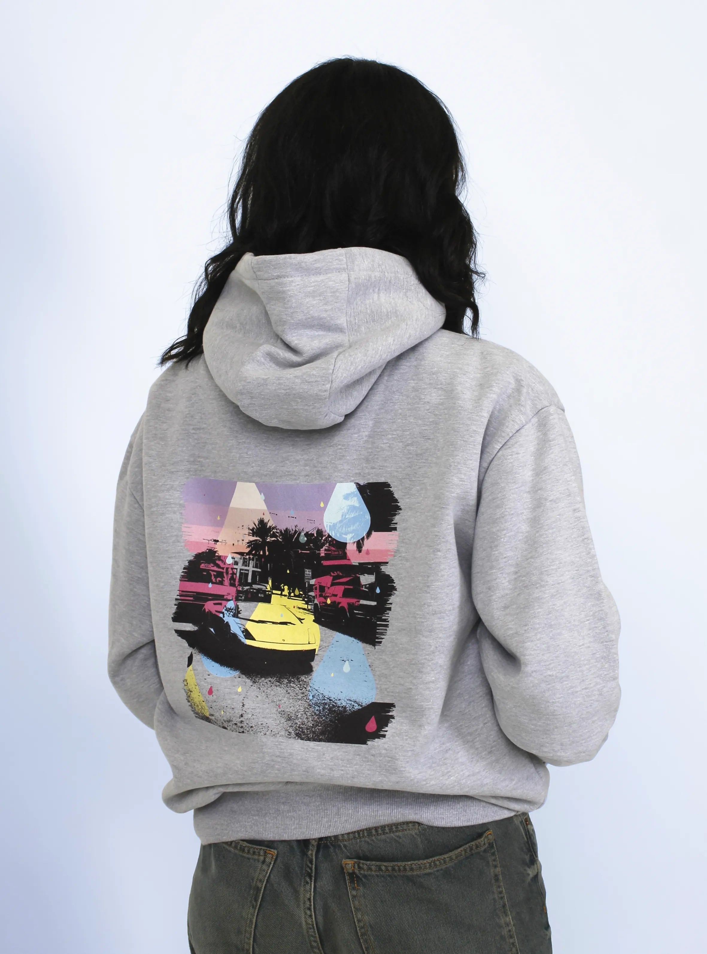 Close-up of Miami cityscape back print on grey hoodie