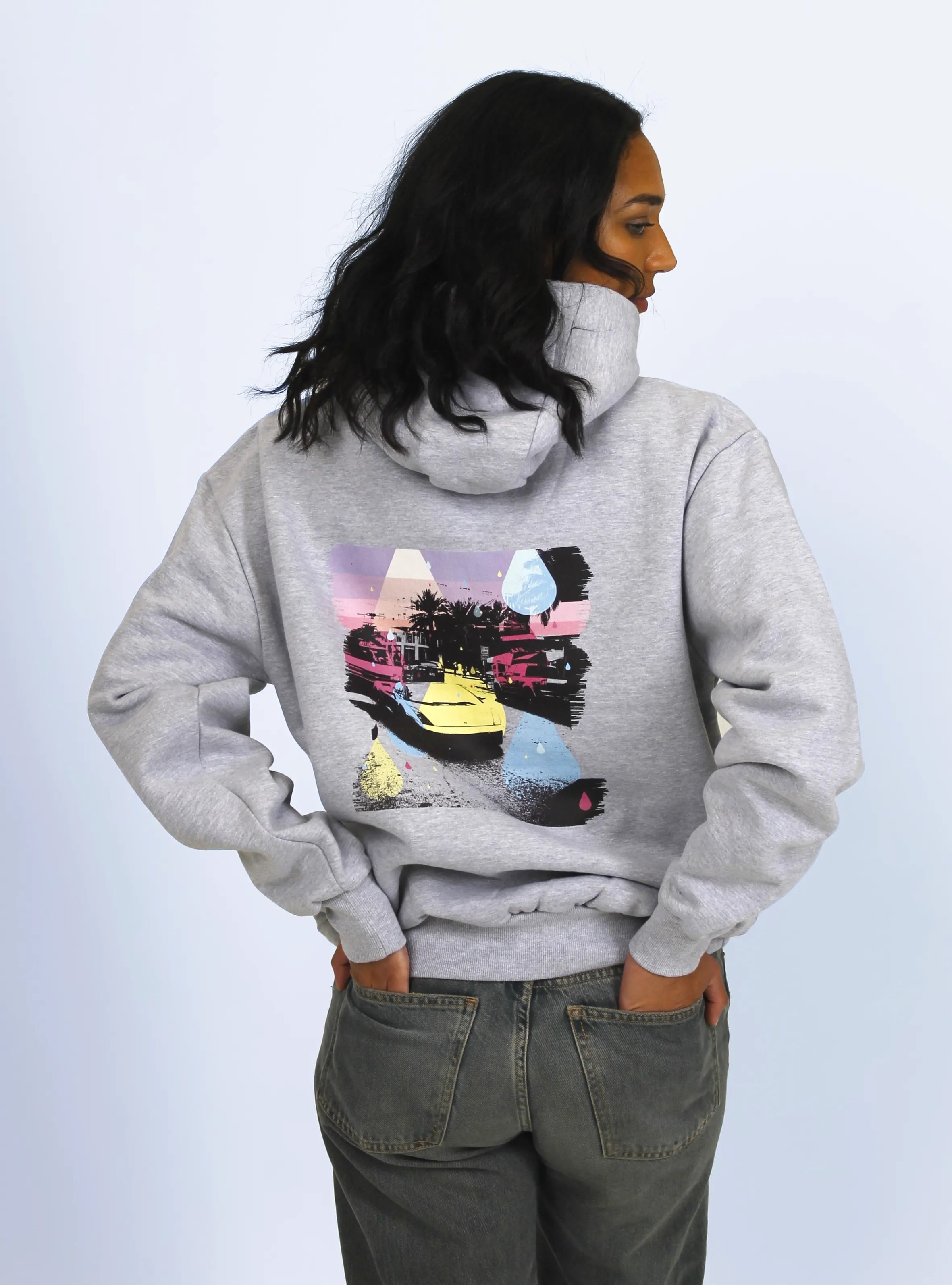 Close-up of Miami cityscape back print on grey hoodie