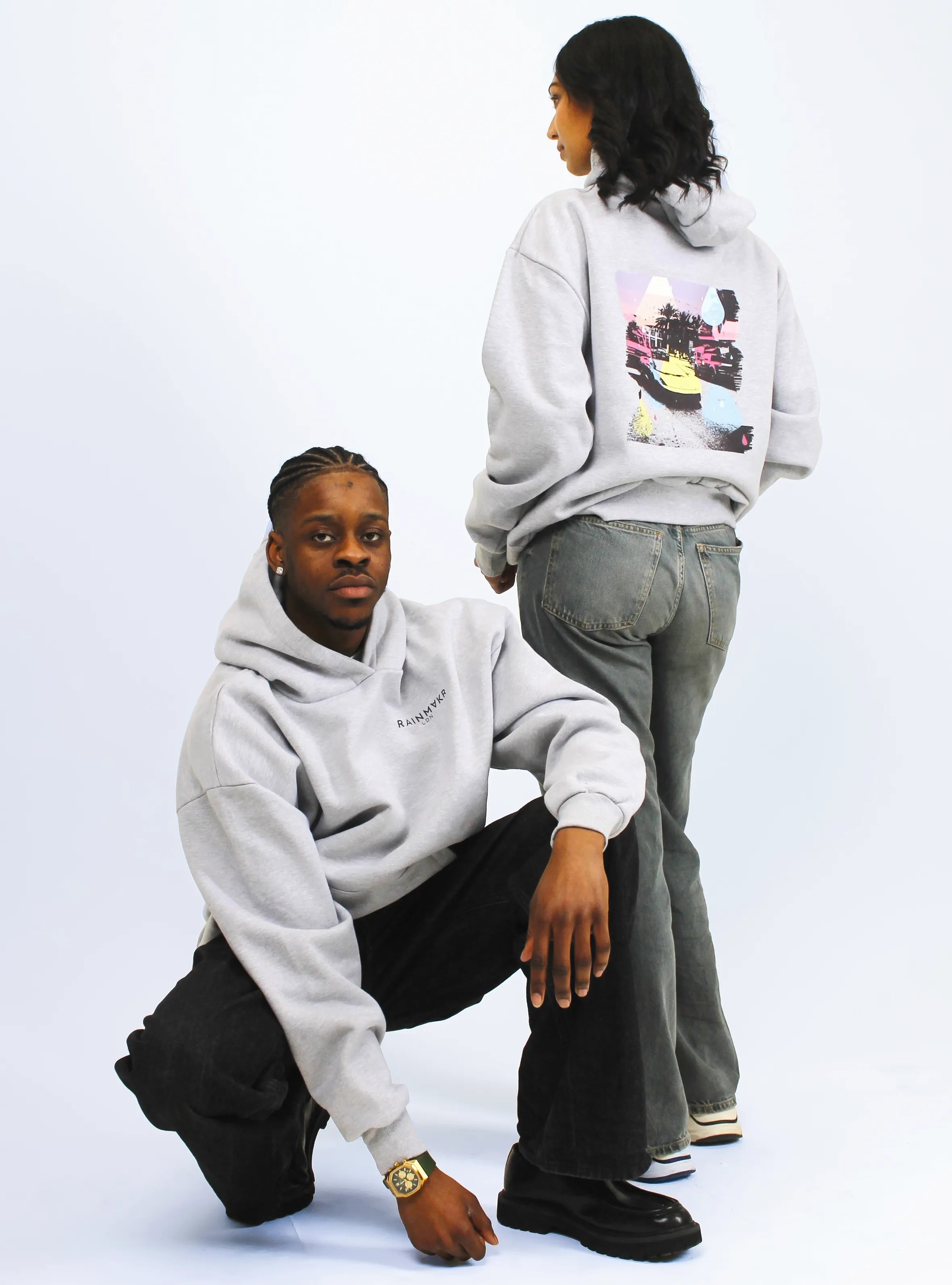 Close-up of Miami cityscape back print on grey hoodie