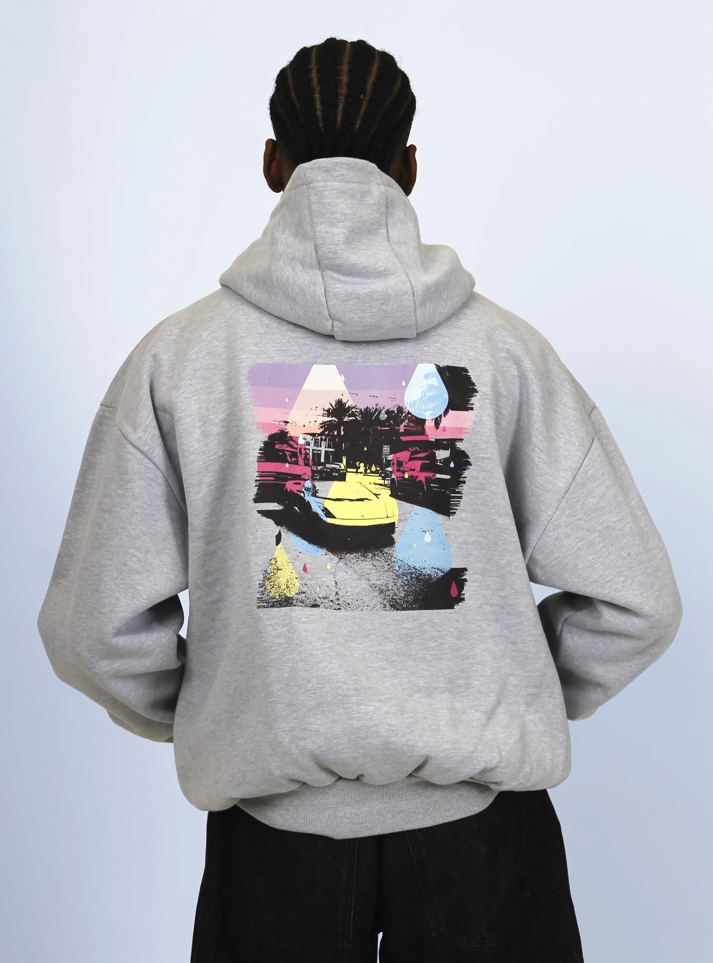 Close-up of Miami cityscape back print on grey hoodie