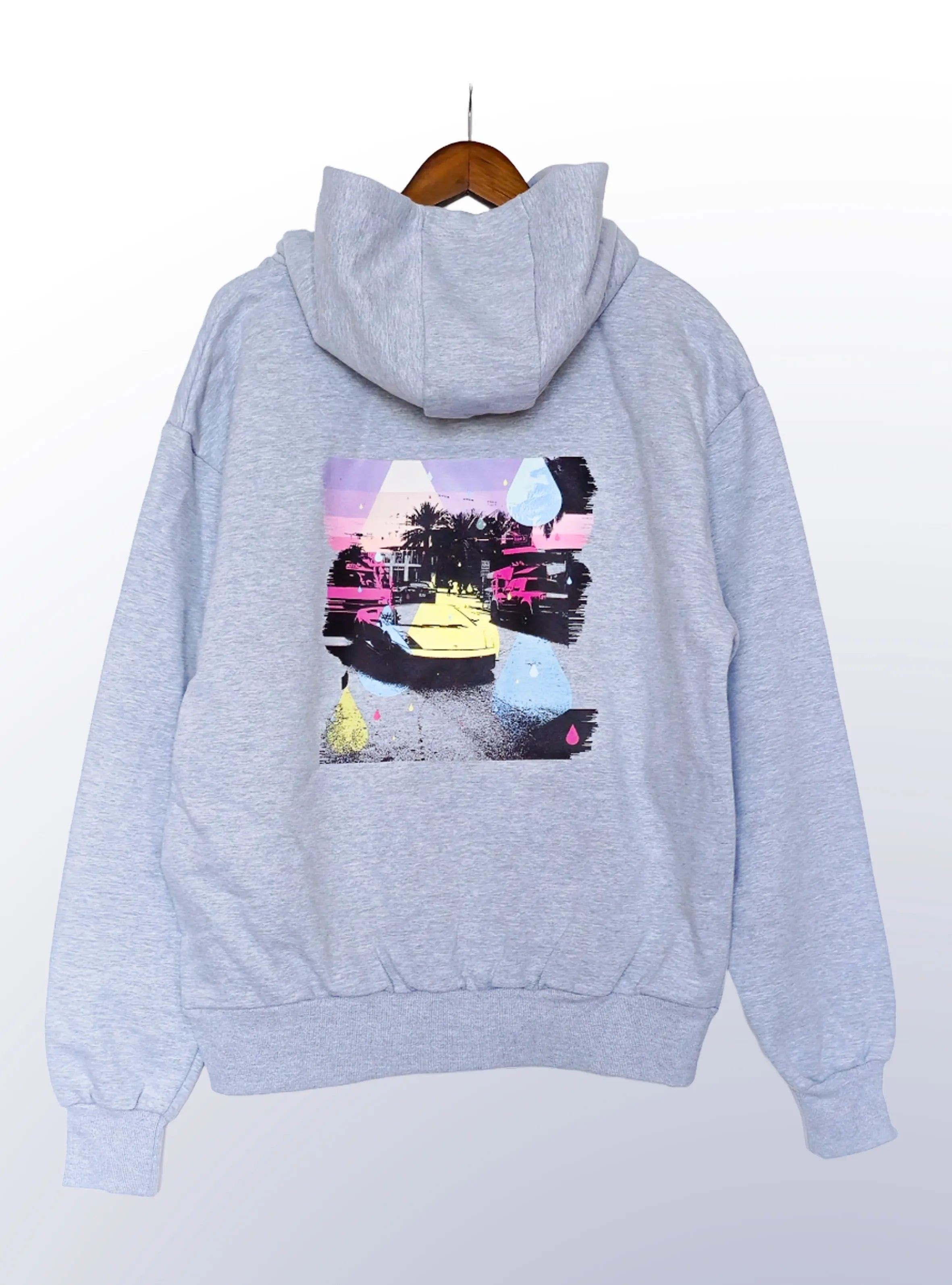 Close-up of Miami cityscape back print on grey hoodie