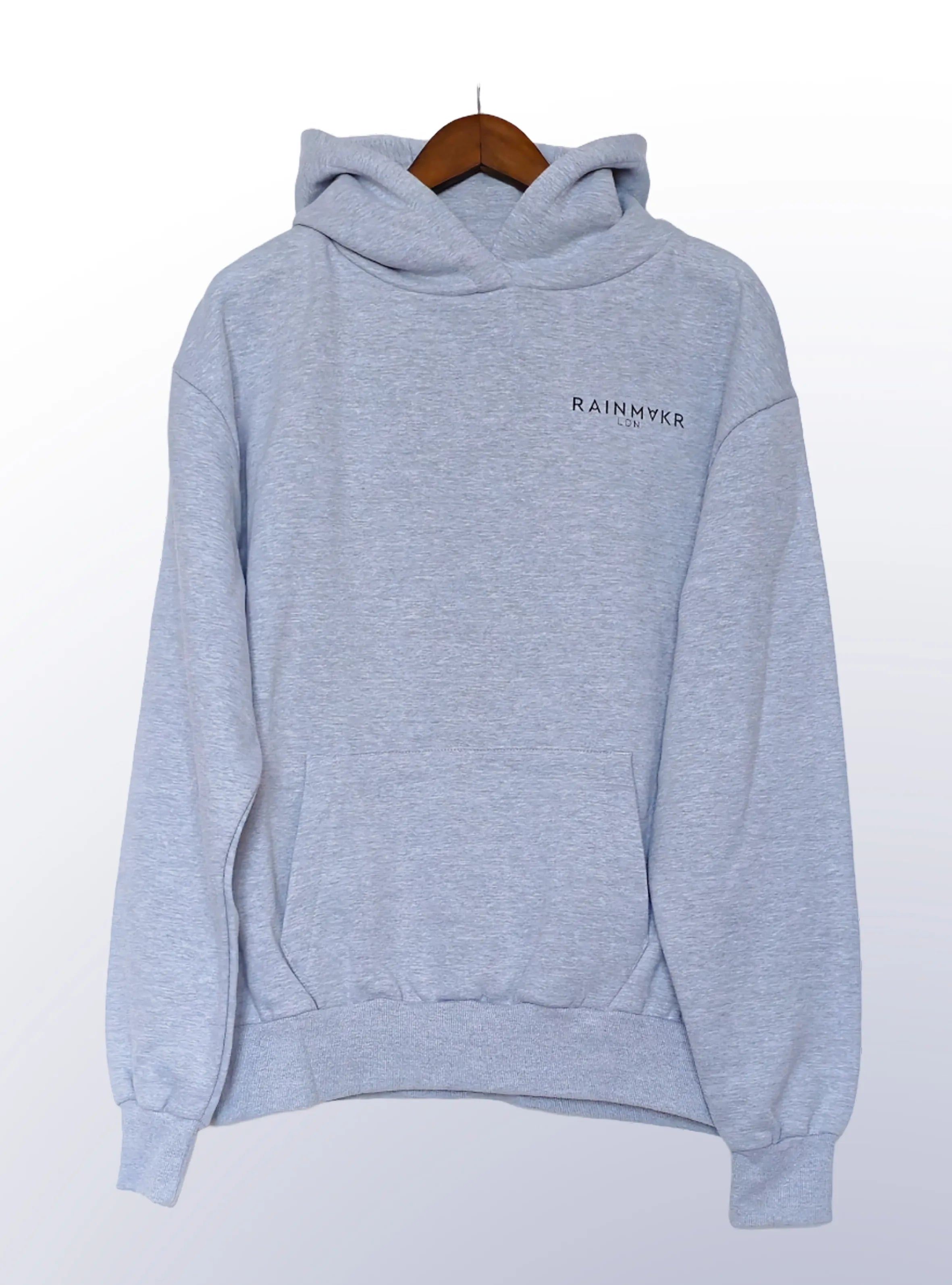 Close-up of Miami cityscape back print on grey hoodie