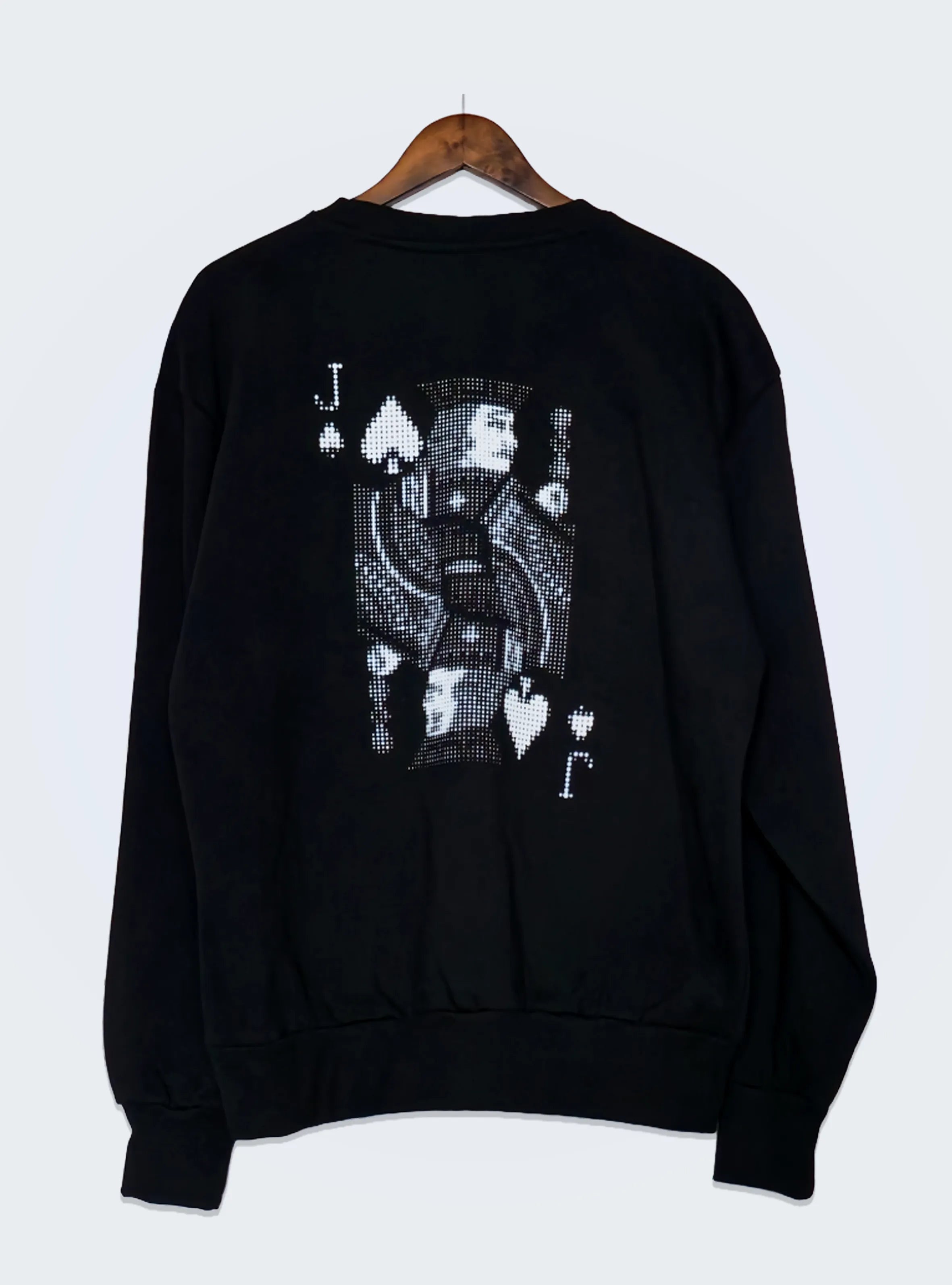 Black sweatshirt with jack of spades card design.