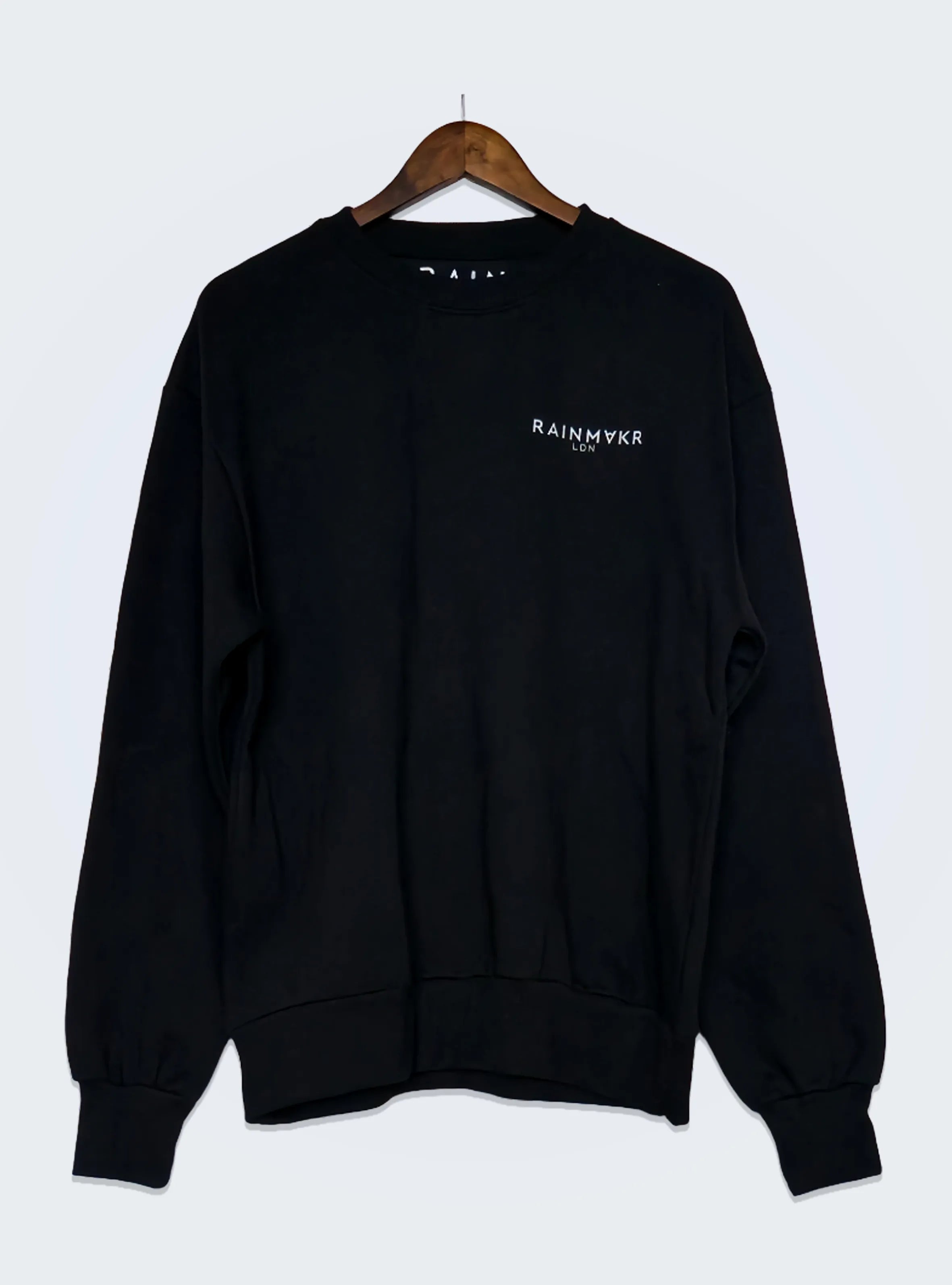 Black sweatshirt with rainmakr ldn logo