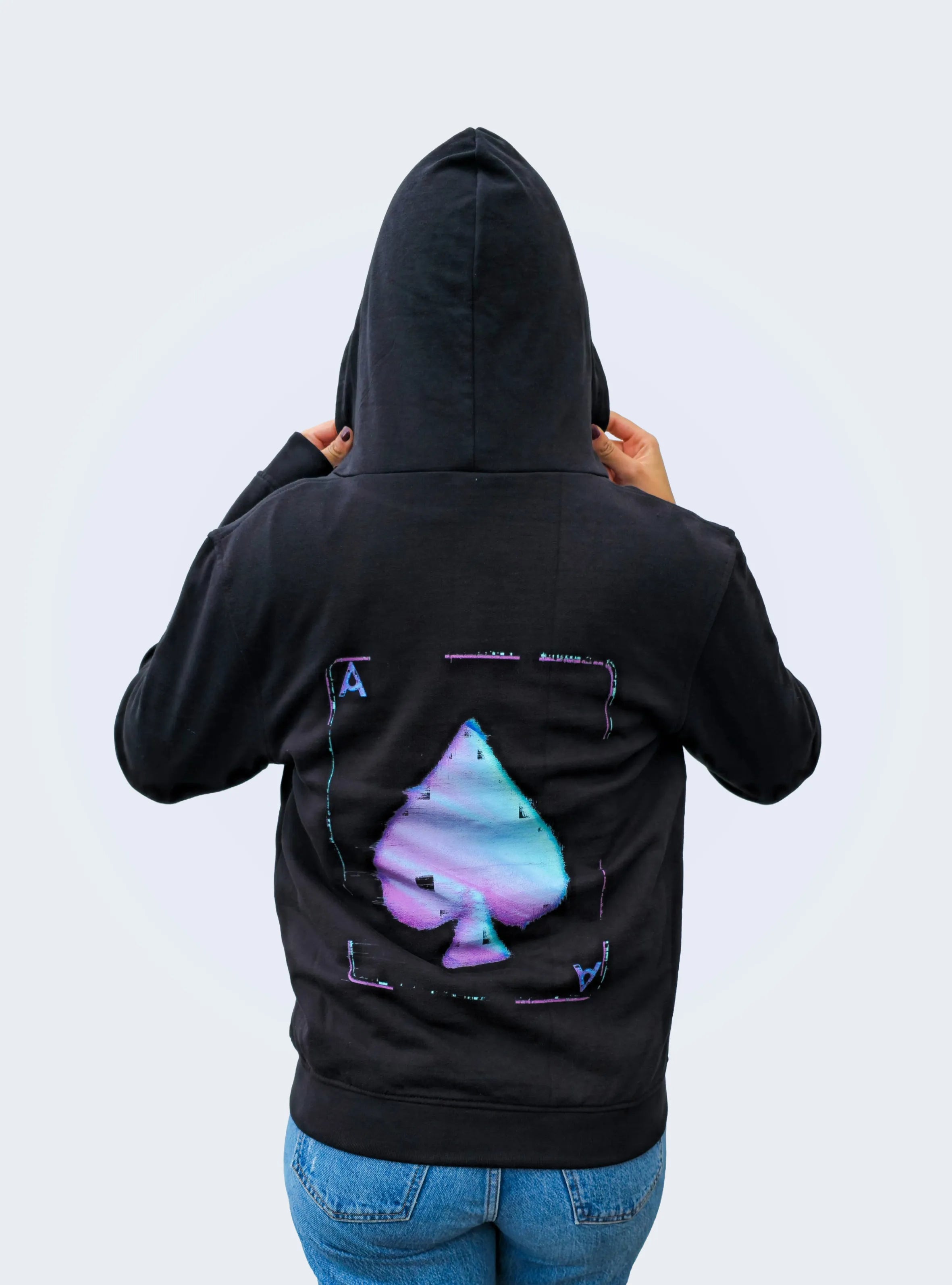 ACE OF SPADES COLOUR GLITCH – BACK PRINT – BLACK REGULAR ZIPPED HOODIE