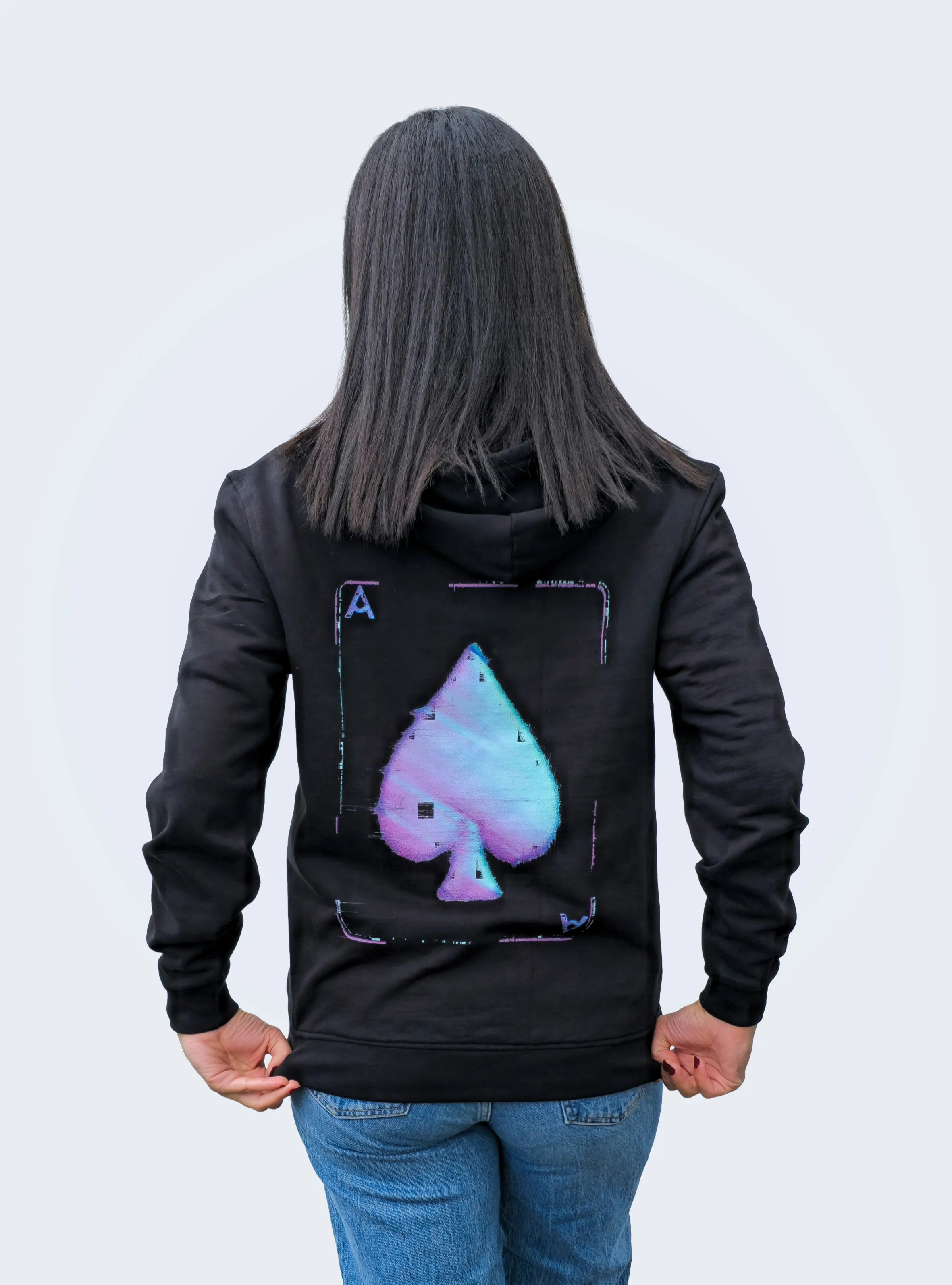 ACE OF SPADES COLOUR GLITCH – BACK PRINT – BLACK REGULAR ZIPPED HOODIE