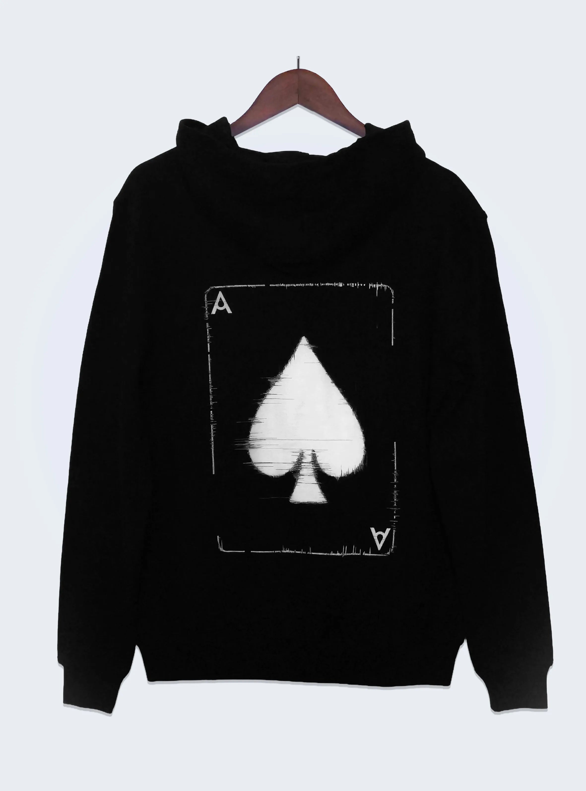 ACE OF SPADES WHITE GLITCH – BACK PRINT – BLACK REGULAR ZIPPED HOODIE