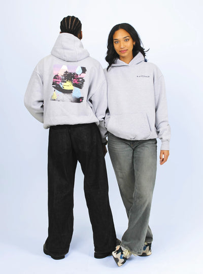 Close-up of Miami cityscape back print on grey hoodie