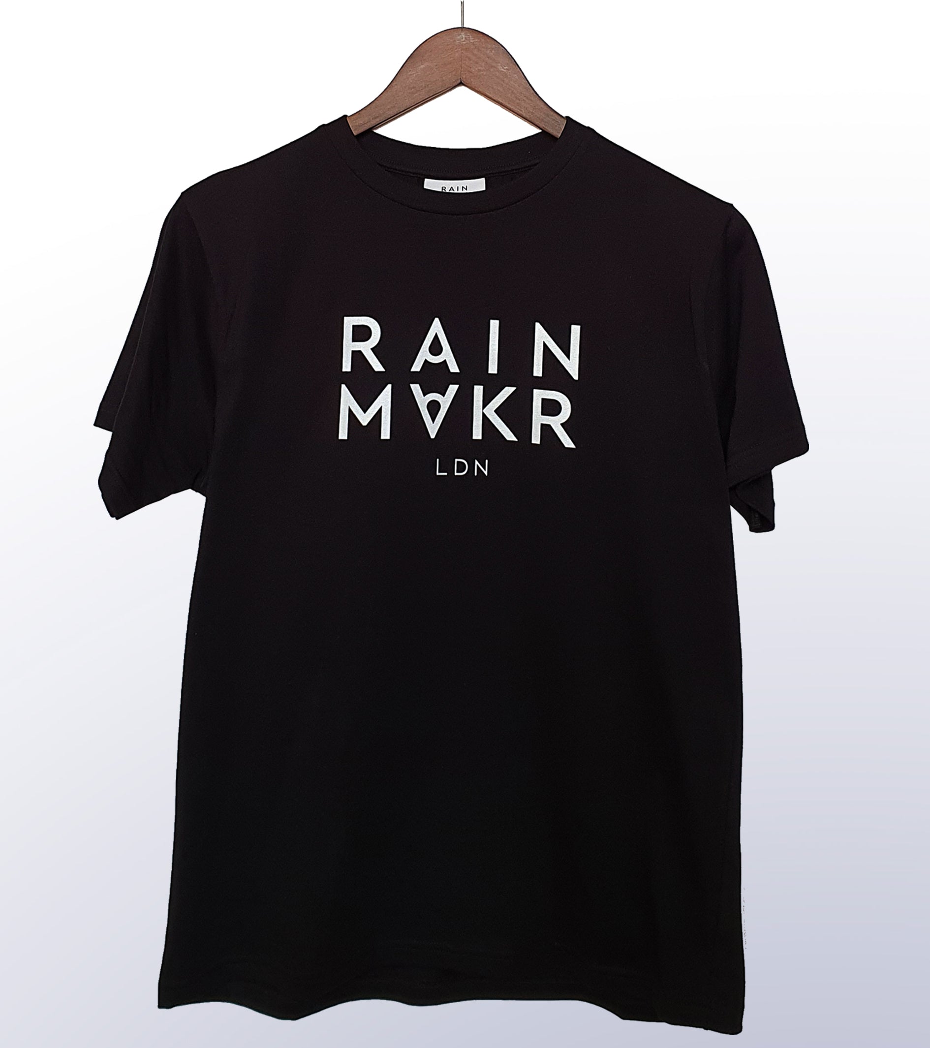 rainmakr ldn, front print design, black tshirt, product, close-up, unisex, streetwear