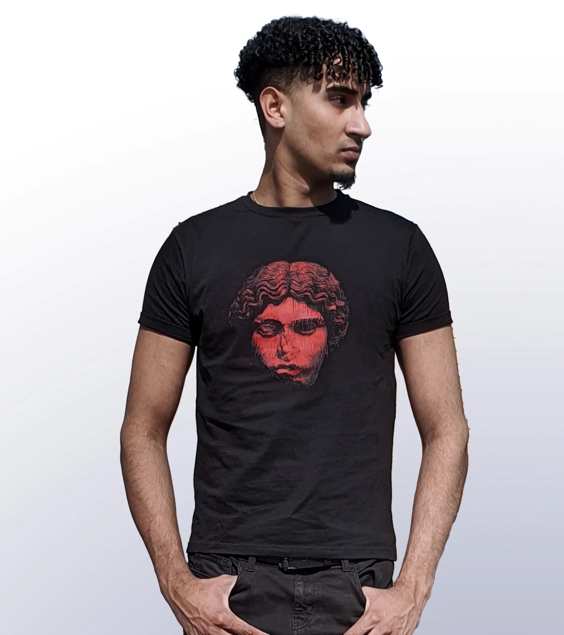 HEAD NO SHOULDERS RED – FRONT PRINT – BLACK T-SHIRT