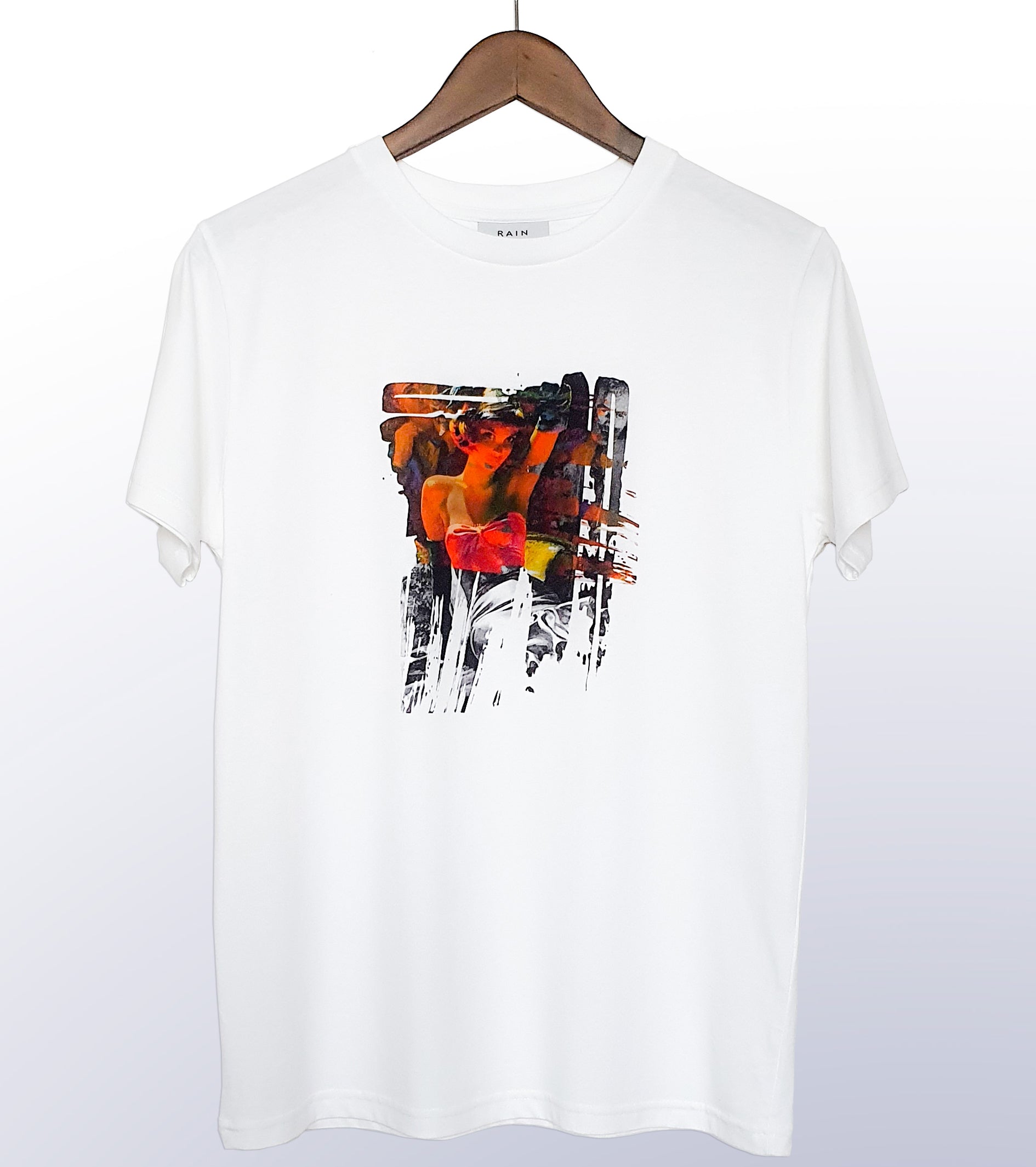 pop stroke one, front print design, white tshirt, product, close-up, unisex, streetwear