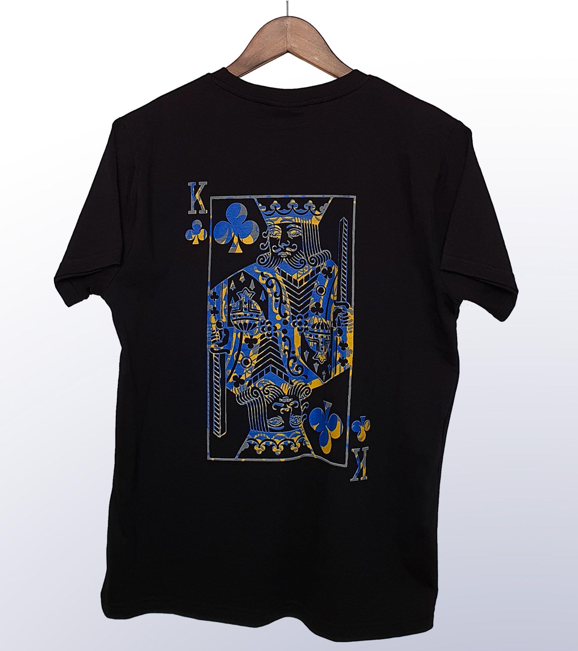 king of clubs, back print design, black tshirt, product, close-up